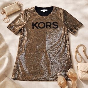 Michael Michael Kors Sequin Logo Tee Gold Silver Sz L — Y2K Glam